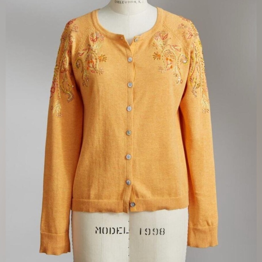 Sundance Vintage Beauty Button Front Cardigan Sweater Orange Beaded Embroidered